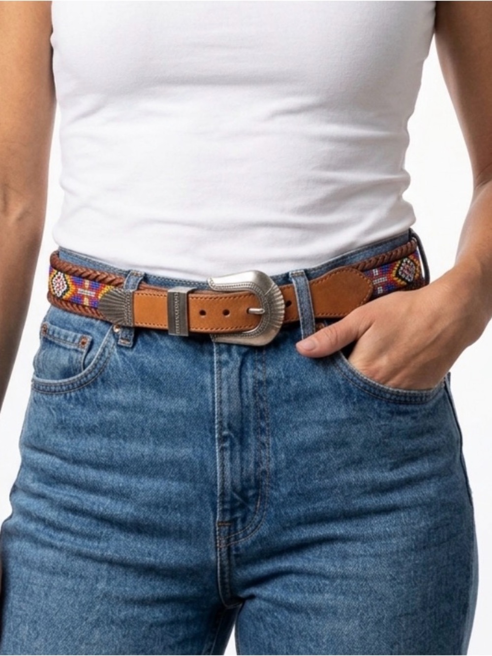 Vintage L.L. Bean Leather & Beaded Multicolor Western Belt 90s - 30